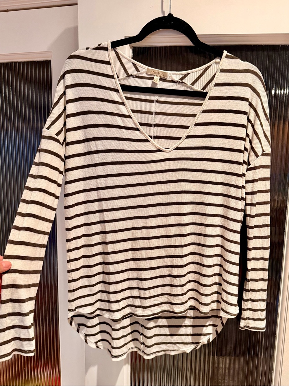 Anthropologie BORDEAUX Striped V-Neck Long-Sleeve Top - White & Olive green